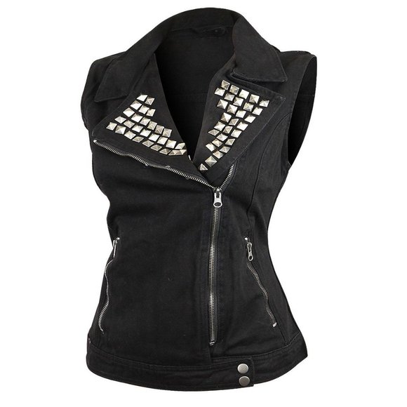 Women's Black Denim Vest with Studded Collar - Picture 1 of 4